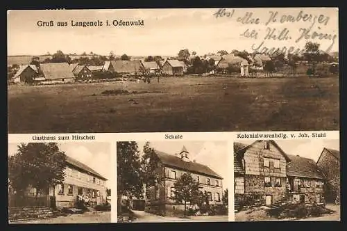 AK Langenelz i. Odenwald, Gasthaus zum Hirschen, Kolonialwarenhandlung von Joh. Stuhl, Schule