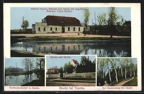 AK Dewitz / Taucha, Gasthof Franz Hartert mit Kegelbahn, Schule und Kirche