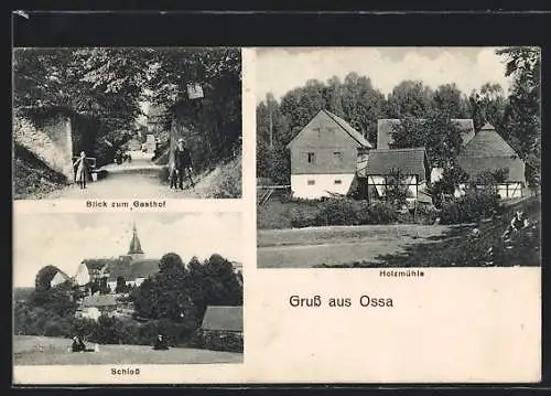 AK Ossa / Geithain, Strassenpartie mit Gasthof, Holzmühle, Schloss