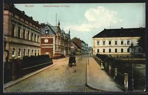 AK Wurzen, Bahnhofstrasse mit Hotel zur Post und Post