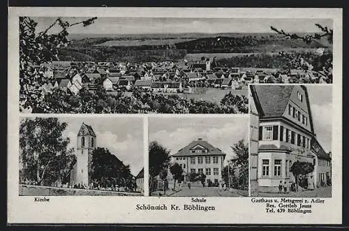AK Schönaich /Kr. Böblingen, Gasthaus zum Adler, Schule, Kirche