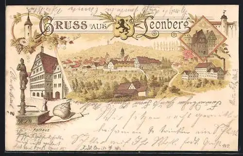 Lithographie Leonberg / Württ., Rathaus, Keplerhaus bei Nacht, Ortsansicht