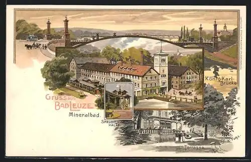 Lithographie Bad Leuze, Sprudelhalle, Terrasse, König-Karl-Brücke