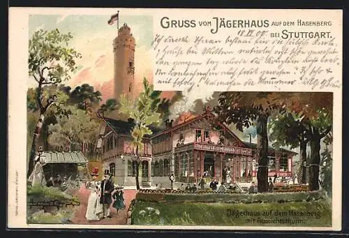 Lithographie Stuttgart, Gasthof Jägerhaus auf dem Hasenberg - Gartenansicht mit Aussichtsturm