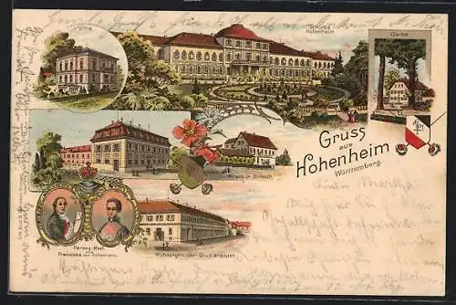 Lithographie Hohenheim /Württemberg, Gasthaus Hirsch in Birkach, Villa, Schloss, Wohnung der Studierenden