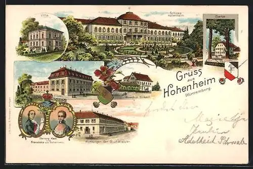 Lithographie Hohenheim, Gasthaus Hirsch, Blick zum Schloss Hohenheim, Wohnungen der Studierenden, Wappen