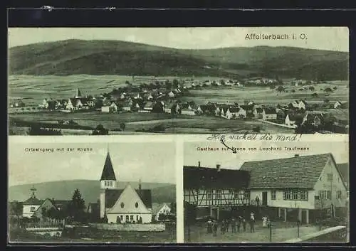 AK Affolterbach i. O., Gasthaus zur Krone von L. Trautmann, Kirche