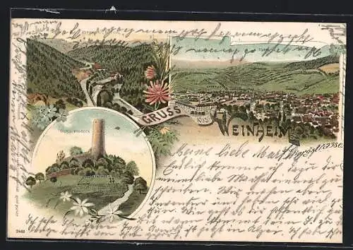 Lithographie Weinheim a. d. Bergstrasse, Ortsansicht, Burg Windeck, Birkenauer Thal