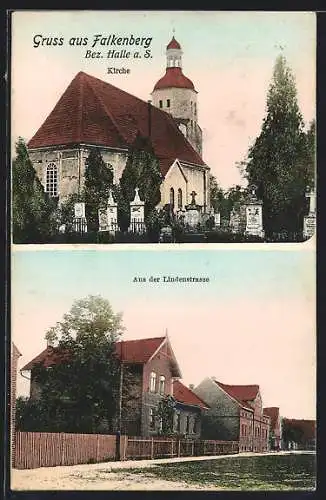 AK Falkenberg / Elster, Häuser an der Lindenstrasse, Ansicht der Kirche