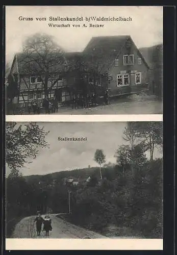 AK Stallenkandel b. Waldmichelbach, Gasthaus von A. Becker, Strassenpartie vor dem Ort