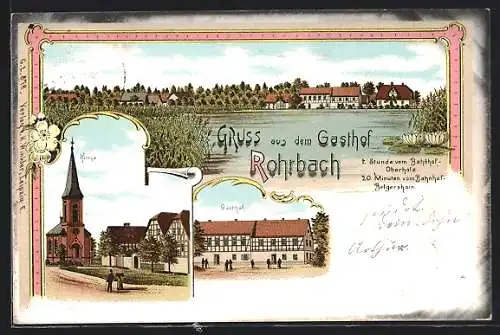 Lithographie Rohrbach / Belgershain, Gasthof, Strassenpartie mit Kirche, Ortsansicht vom See her
