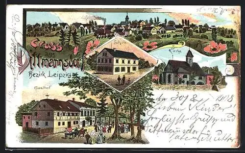 Lithographie Dittmannsdorf /Bez. Leipzig, Gasthof, Schule, Kirche