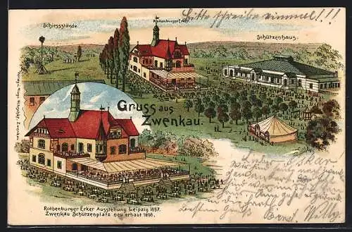 Lithographie Zwenkau, Schützenhaus und Schiessstände des Schützenvereins, Rothenburger Erker Ausstellung 1897