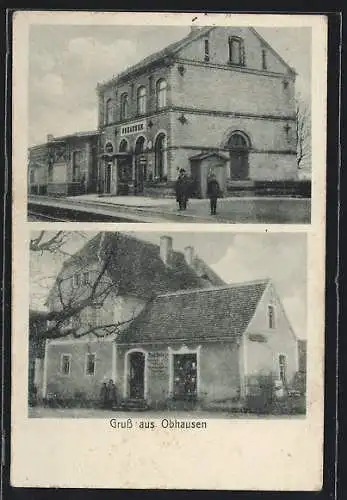 AK Obhausen, Bahnhof von der Gleisseite, Tabak-Geschäft Emil Nelle