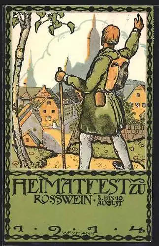 Künstler-AK Rosswein, Heimatfest 8.-10. August 1914, Wanderer beim Abschied