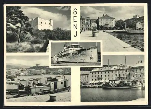 AK Senj, Dampfer im Hafen, Uferpartien, Blick auf die Festung