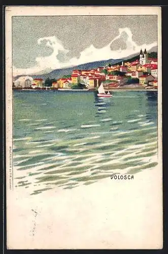 Lithographie Volosca, Ortsansicht vom Wasser aus