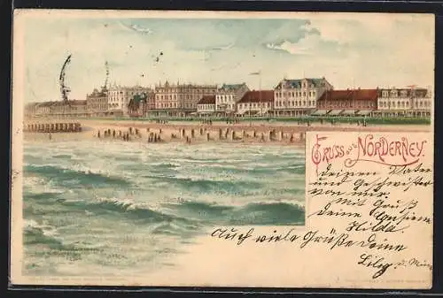 Lithographie Norderney, Küstenpanorama mit Strand und Stadtansicht