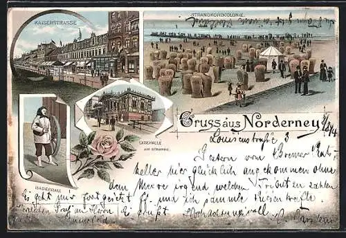 Vorläufer-Lithographie Norderney, 1894, Strandcorbkolonie, Kaiserstrasse, Badefrau, Lesehalle am Strand