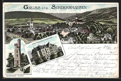 Lithographie Sondershausen / Thüringen, Gesamtansicht, Bismarckturm, Staatsschulgebäude