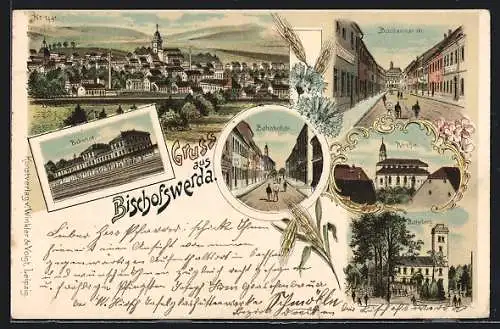 Lithographie Bischofswerda, Bahnhof, Kirche, Bautzenerstrasse