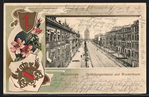 Passepartout-Lithographie Mannheim, Heidelbergerstrasse und Wasserthurm