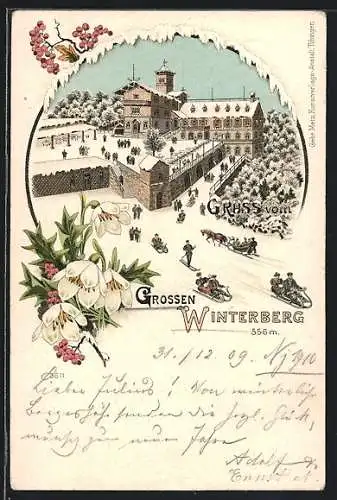 Winter-Lithographie Bad Schandau, Hotel Grosser Winterberg, Skifahrer, Schlittenfahrer, Blumen