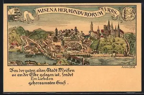 Künstler-AK Meissen / Elbe, Festpostkarte 100jähriges Stadtjubiläum 1929, Ortsansicht von 1558