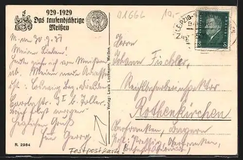 Künstler-AK Meissen / Elbe, Festpostkarte 100jähriges Stadtjubiläum 1929, Ortsansicht von 1558