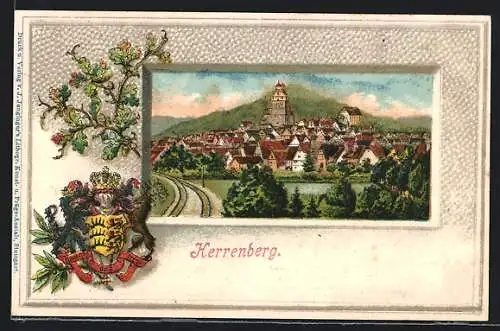 Passepartout-Lithographie Herrenberg, Ortspanorama, Wappen