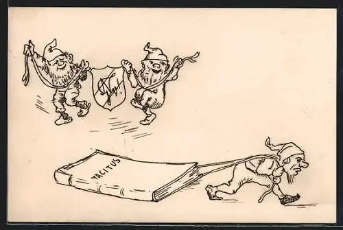Künstler-AK Leipzig, Nikolaitaner-Mulusball 1911, Zwege mit Studentenwappen, Zwerg räumt Tacitus-Werk beiseite