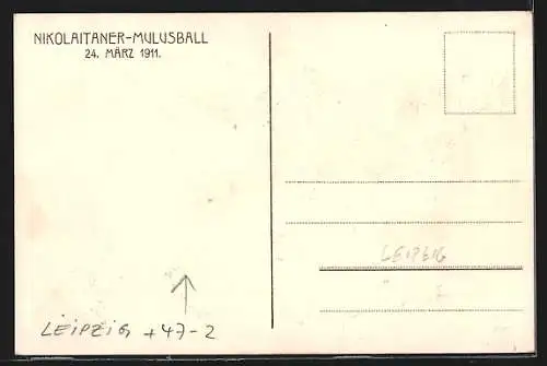 Künstler-AK Leipzig, Nikolaitaner-Mulusball 1911, Zwege mit Studentenwappen, Zwerg räumt Tacitus-Werk beiseite