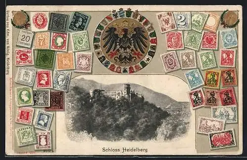 AK Heidelberg, Blick zum Schloss, Wappen und Briefmarken
