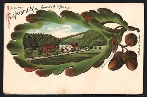 Passepartout-Lithographie Hausdorf /Maxen, Gaststätte Teufelsmühle mit Strasse und Umgebung, Eichenblatt