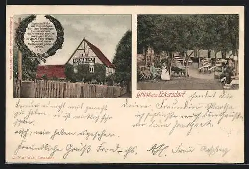 AK Eckersdorf / Freital, Gasthaus mit Garten, Gebetstext im Ehrenkranz