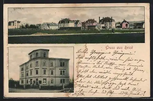 AK Dresden-Reick, Gebäude Colonialwaren Aug. Langfort, Ortspanorama von einem Feld aus
