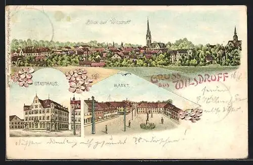 Lithographie Wilsdruff, Stadthaus, Markt, Ortspanorama aus der Vogelschau