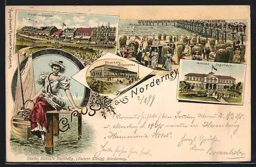 Lithographie Norderney, Grosses Logirhaus, Victoriastrasse, Dünenhalle Wilhelmshöhe