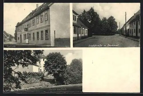 AK Neumark / Thüringen, Privilegierte Apotheke, Dorfstrasse mit Denkmal, Teich