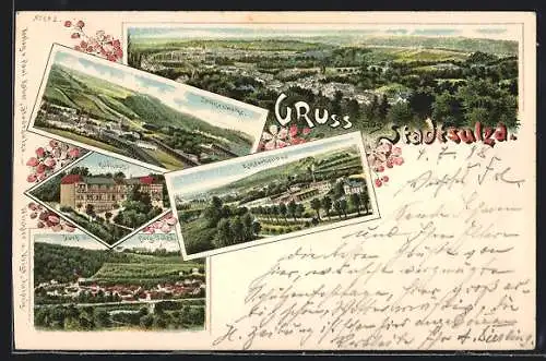 Lithographie Stadtsulza, Kinderheilbad, Salinenwerke, Kurhaus