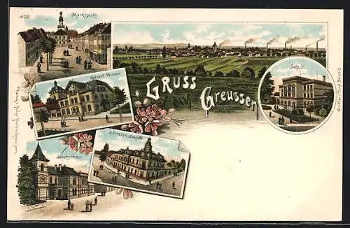 Lithographie Greussen, Schule, Marktplatz, Kaiserliches Postamt