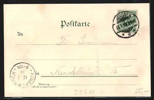 Lithographie Greussen, Schule, Marktplatz, Kaiserliches Postamt