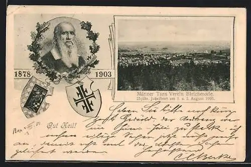 AK Bleicherode, Männer Turn Verein Bleicherode- 25 jähr. Jubelfeier 1903, Teilansicht, Turnvater Jahn u. Wappen