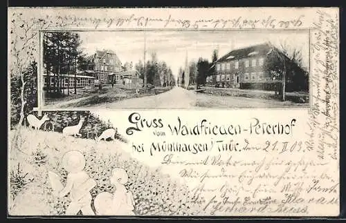 AK Mühlhausen /Th., Gasthaus Waldfrieden-Peterhof, Kinder und Rehe