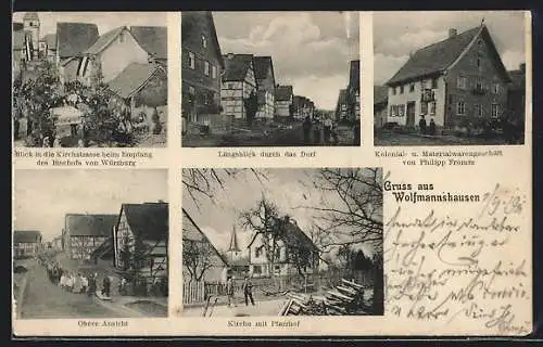 AK Wolfmannshausen, Kolonialwarengeschäft von Philipp Fromm, Kirche mit Pfarrhof, Obere Ansicht