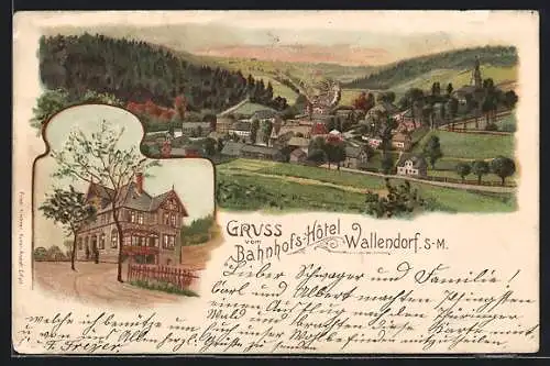 Lithographie Wallendorf / S.-M., Bahnhofs-Hotel, Ortsansicht aus der Vogelschau