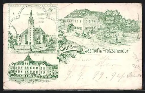 Lithographie Pretzschendorf, Gasthof, Schule, Kirche