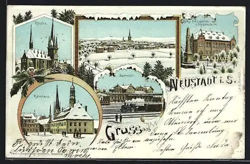 Winter-Lithographie Neustadt i. S., Rathaus, Kirche, Bahnhof