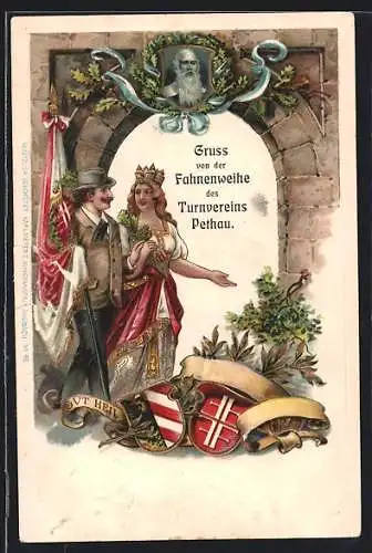 Lithographie Turnvater Jahn, Turner mit der Germania, Wappen und Fahne