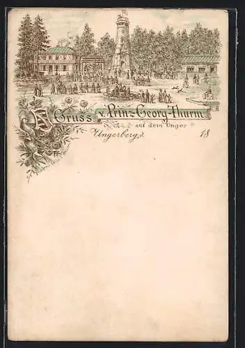 Lithographie Neustadt / Sachsen, Gasthaus und Prinz-Georg-Turm auf dem Ungerberg